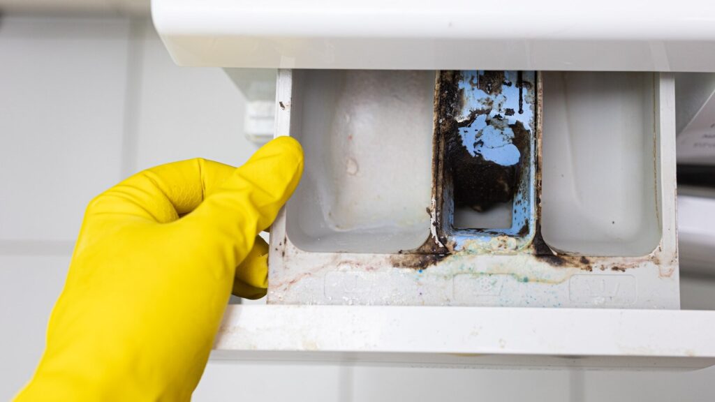 A dispenser drawer removed from a washing machine and being rinsed clean under a tap